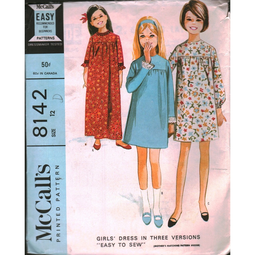 Vintage 1965 McCalls 8142 Girls Dress Sewing Pattern Size 12 Easy to Sew Retro